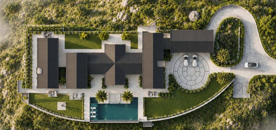 Aerial rendering of luxury estate with pool and circular motor court — residential design by BN Architect + Associates
